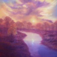 painting of river at sunset