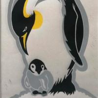 Linocut print of penguin and chick